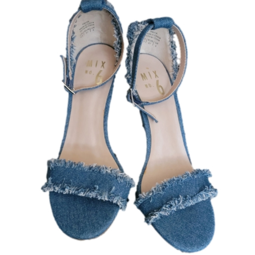 Mix No 6 Distressed Denim Peep Toe Stilleto Sandals Size 6.5 - Picture 4 of 10